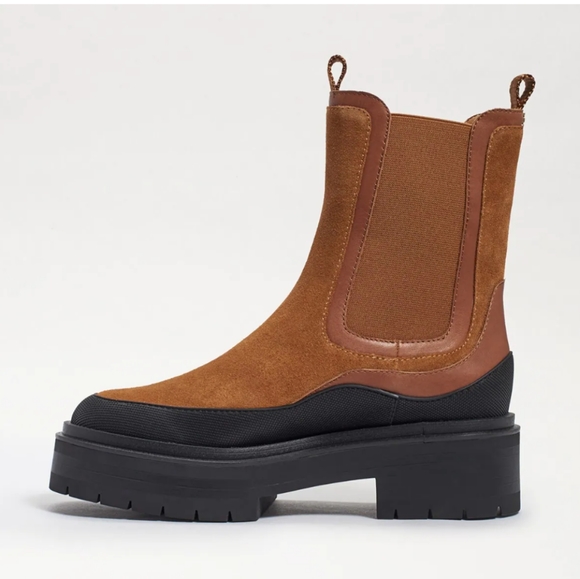 Sam Edelman Lulia Whiskey Cognac Water-repellent Black Leather Lug Boots 8 1/2 M - Picture 2 of 9